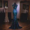 Charming Royal Blue Evening Dresses  2019 Trumpet / Mermaid V-Neck Lace Sequins Sleeveless Backless Sweep Train Formal Dresses