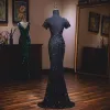Elegant Black Evening Dresses  2019 Trumpet / Mermaid Scoop Neck Beading Sequins Short Sleeve Backless Sweep Train Formal Dresses