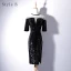 Chic / Beautiful Black Evening Dresses  2019 Trumpet / Mermaid Scoop Neck Lace Beading Sequins 1/2 Sleeves Floor-Length / Long Formal Dresses