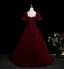 Chic / Beautiful Burgundy Beading Velvet Prom Dresses 2025 Ball Gown Square Neckline Short Sleeve Backless Floor-Length / Long Formal Dresses