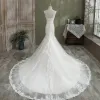 Charming Ivory Trumpet / Mermaid Wedding Dresses 2021 V-Neck Sleeveless Backless Lace Flower Court Train Wedding