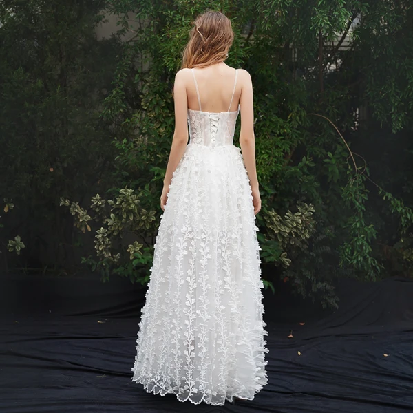 Moderne / Mode Ivoire Plage Robe De Soirée 2019 Princesse Bretelles Spaghetti Appliques Sans Manches Dos Nu Longue Robe De Ceremonie