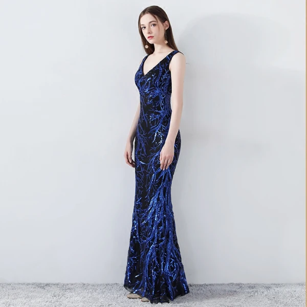 Chic / Belle Bleu Roi Robe De Soirée 2019 Trompette / Sirène V-Cou Sans Manches Paillettes Dos Nu Longue Robe De Ceremonie