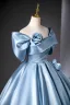 Elegant Sky Blue Prom Dresses 2025 Ball Gown Off-The-Shoulder Short Sleeve Backless Floor-Length / Long Prom Formal Dresses