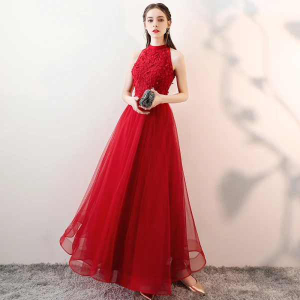 Chic / Beautiful Red Prom Dresses 2018 A-Line / Princess Appliques Lace Bow Scoop Neck Sleeveless Ankle Length Formal Dresses