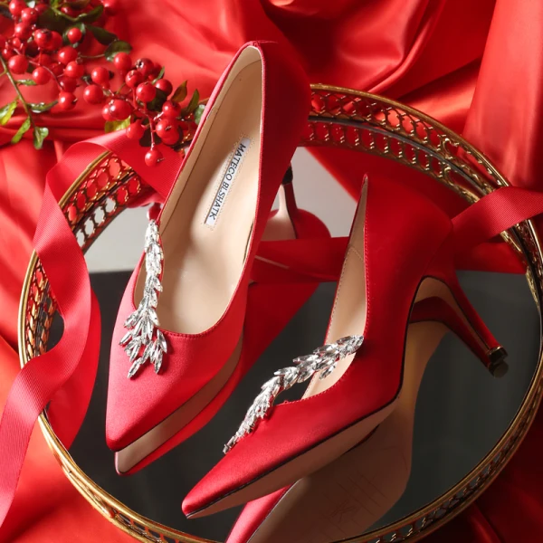 Chic / Beautiful Champagne Wedding Shoes 2019 Leather Crystal 10 cm Stiletto Heels Pointed Toe Wedding Pumps