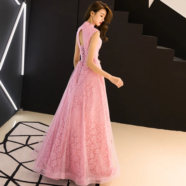 Chinese style Candy Pink Evening Dresses 2019 A-Line / Princess High Neck Appliques Beading Sleeveless Backless Lace Floor-Length / Long Formal Dresses