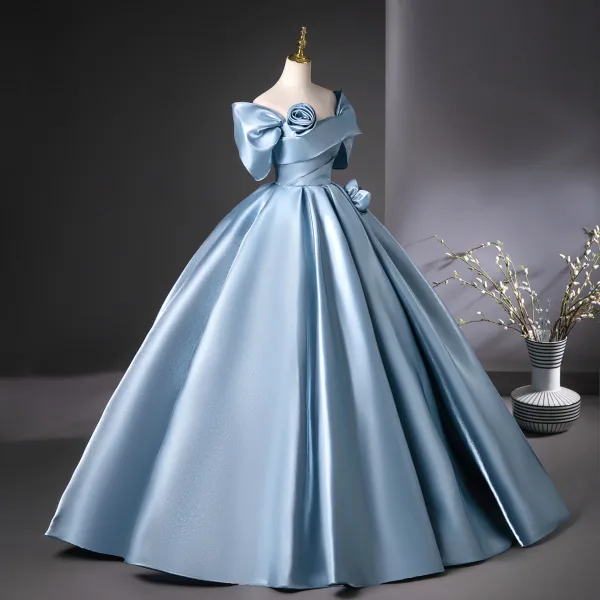 Elegant Sky Blue Prom Dresses 2025 Ball Gown Off-The-Shoulder Short Sleeve Backless Floor-Length / Long Prom Formal Dresses