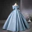 Elegant Sky Blue Prom Dresses 2025 Ball Gown Off-The-Shoulder Short Sleeve Backless Floor-Length / Long Prom Formal Dresses