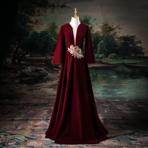 Élégant Bordeaux Perlage Paillettes En Dentelle Fleur Velours Robe De Bal 2025 Princesse V Cou Manches Longues Dos Nu Longue Promo Robe De Ceremonie