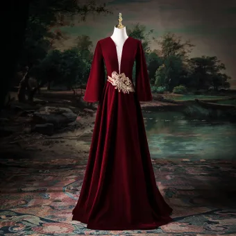 Élégant Bordeaux Perlage Paillettes En Dentelle Fleur Velours Robe De Bal 2025 Princesse V Cou Manches Longues Dos Nu Longue Promo Robe De Ceremonie