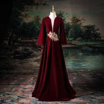 Élégant Bordeaux Perlage Paillettes En Dentelle Fleur Velours Robe De Bal 2025 Princesse V Cou Manches Longues Dos Nu Longue Promo Robe De Ceremonie