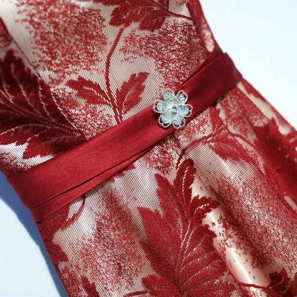 Chic / Belle Rouge Robe De Ceremonie Robe De Soirée 2017 En Dentelle Fleur Noeud Dos Nu V-Cou Sans Manches Princesse Kniehohe Longueur Cheville
