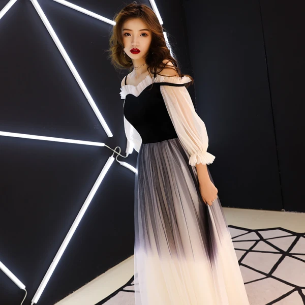 Modern / Fashion Gradient-Color Black Evening Dresses 2019 A-Line / Princess Spaghetti Straps Pleated 3/4 Sleeve Backless Floor-Length / Long Formal Dresses