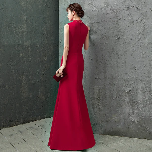 Charming Burgundy Evening Dresses 2019 Trumpet / Mermaid High Neck Beading Crystal Tassel Sleeveless Floor-Length / Long Formal Dresses