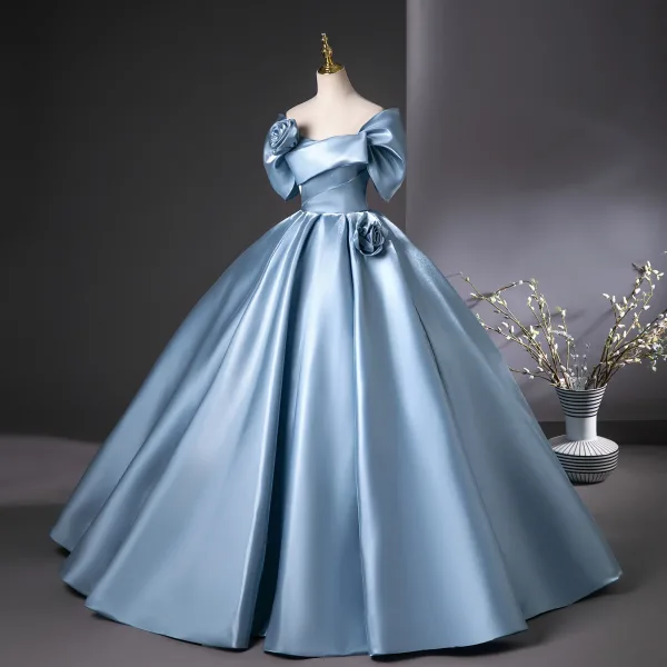 Elegant Sky Blue Prom Dresses 2025 Ball Gown Off-The-Shoulder Short Sleeve Backless Floor-Length / Long Prom Formal Dresses