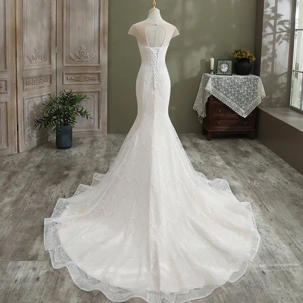 Charming Ivory Trumpet / Mermaid Wedding Dresses 2021 Scoop Neck Lace Flower Short Sleeve Backless Chapel Train Wedding