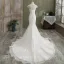 Charming Ivory Trumpet / Mermaid Wedding Dresses 2021 Scoop Neck Lace Flower Short Sleeve Backless Chapel Train Wedding