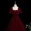 Chic / Beautiful Burgundy Beading Velvet Prom Dresses 2025 Ball Gown Square Neckline Short Sleeve Backless Floor-Length / Long Formal Dresses