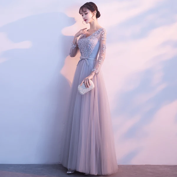 Chic / Beautiful Grey Prom Dresses 2018 A-Line / Princess Appliques Sequins Bow V-Neck Long Sleeve Floor-Length / Long Formal Dresses