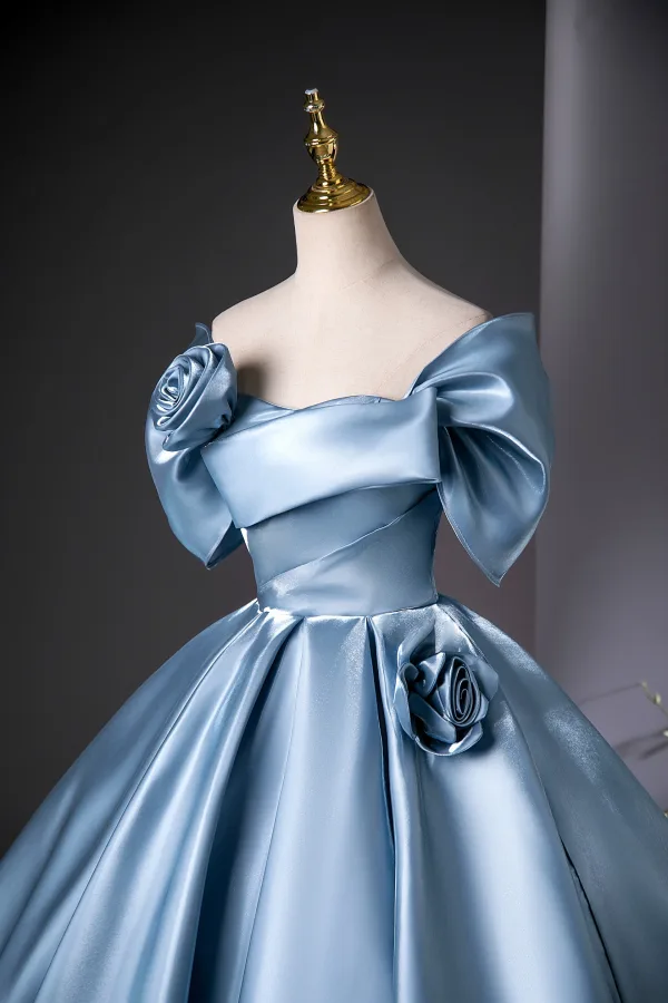 Elegant Sky Blue Prom Dresses 2025 Ball Gown Off-The-Shoulder Short Sleeve Backless Floor-Length / Long Prom Formal Dresses
