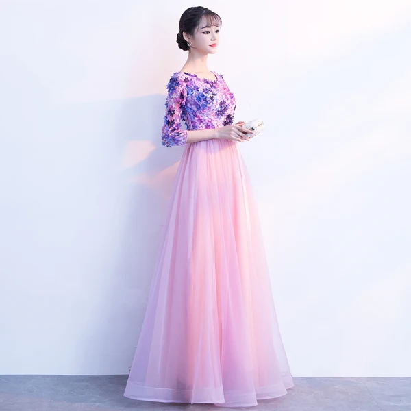 Chic / Beautiful Candy Pink Prom Dresses 2018 A-Line / Princess Appliques Bow Scoop Neck 3/4 Sleeve Floor-Length / Long Formal Dresses