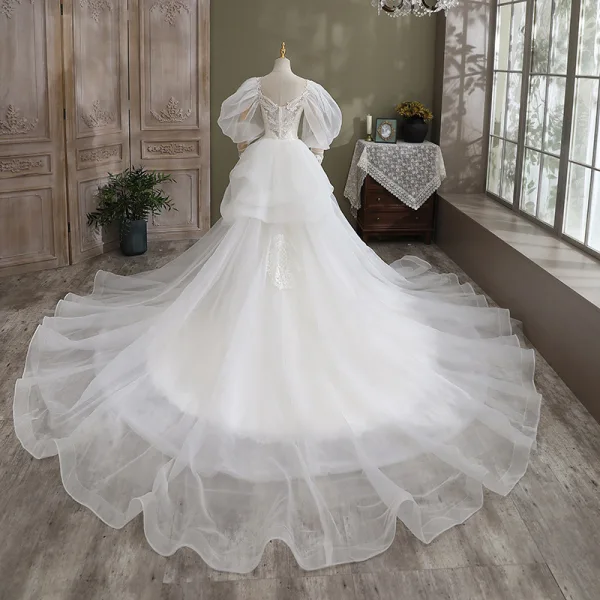 Luxury / Gorgeous Ivory Trumpet / Mermaid Wedding Dresses 2021 V-Neck Beading Pearl Lace Flower Long Sleeve Backless Cathedral Train Wedding