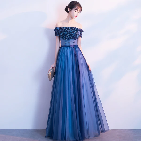 Élégant Bleu Marine Robe De Bal 2018 Princesse Appliques Noeud Perlage Cristal De l'épaule Dos Nu Sans Manches Longue Robe De Ceremonie