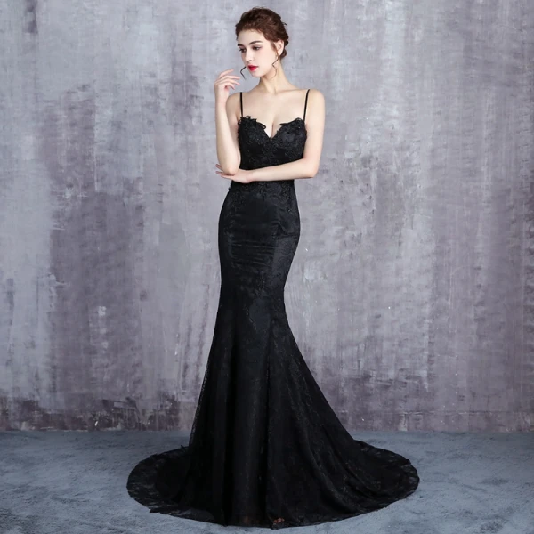 Charmant Noire Robe De Soirée 2019 Trompette / Sirène Bretelles Spaghetti Dentelle Fleur Perlage Paillettes Sans Manches Dos Nu Tribunal Train Robe De Ceremonie