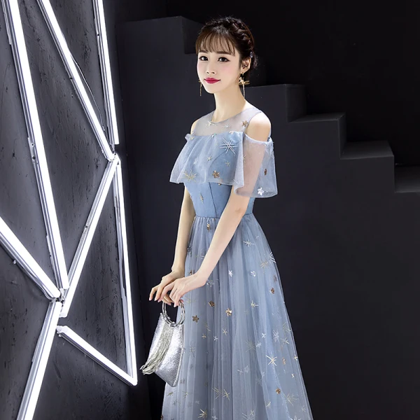 Elegant Sky Blue Evening Dresses  2019 A-Line / Princess Scoop Neck Lace Sequins Appliques Short Sleeve Floor-Length / Long Formal Dresses