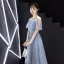 Elegant Sky Blue Evening Dresses  2019 A-Line / Princess Scoop Neck Lace Sequins Appliques Short Sleeve Floor-Length / Long Formal Dresses