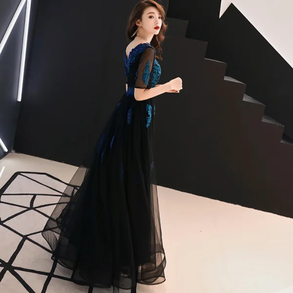 Chic / Belle Bleu Marine Robe De Soirée 2019 Princesse V-Cou En Dentelle Fleur Perlage Cristal Manches Courtes Dos Nu Longue Robe De Ceremonie