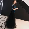 Piękne Granatowe Sukienki Wieczorowe 2019 Princessa V-Szyja Z Koronki Kwiat Frezowanie Kryształ Kótkie Rękawy Bez Pleców Długie Sukienki Wizytowe