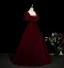 Chic / Beautiful Burgundy Beading Velvet Prom Dresses 2025 Ball Gown Square Neckline Short Sleeve Backless Floor-Length / Long Formal Dresses