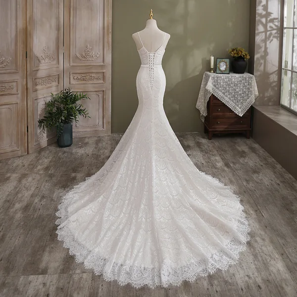 Sexy Simple Ivoire Trompette / Sirène Robe De Mariée 2021 Bretelles Spaghetti Sans Manches Dos Nu En Dentelle Fleur Cathedral Train Mariage