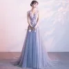 Chic / Beautiful Grey Evening Dresses  2018 A-Line / Princess Appliques V-Neck Backless Sleeveless Sweep Train Formal Dresses