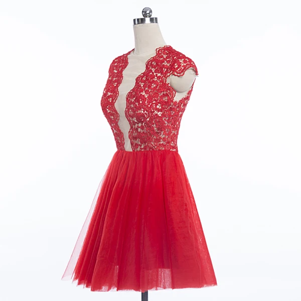 Sexy Rouge Robe De Fete 2018 Courte Encolure Dégagée En Dentelle Fleur Sans Manches Dos Nu Robe De Ceremonie