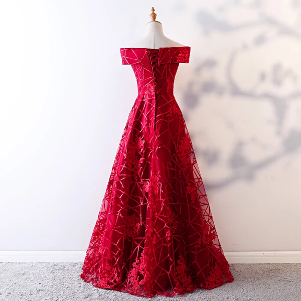 Chic / Beautiful Red Evening Dresses 2019 A-Line / Princess Off-The-Shoulder Lace Flower Short Sleeve Backless Floor-Length / Long Formal Dresses