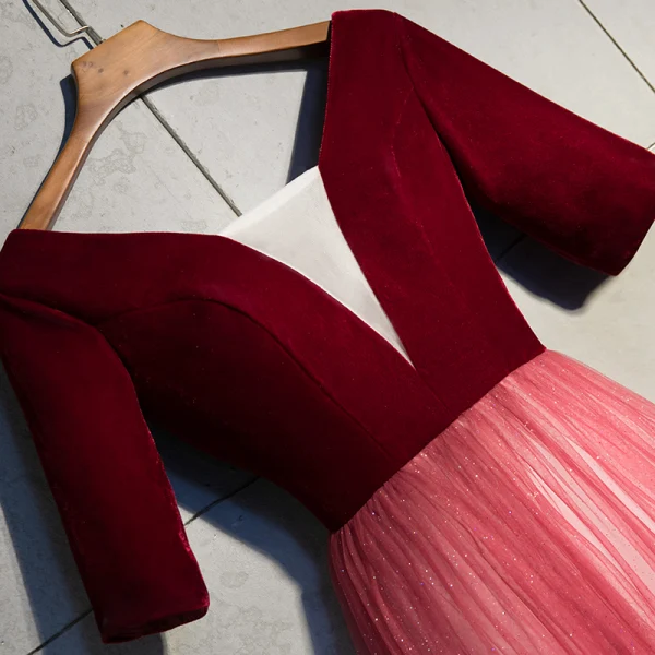 Chic / Beautiful Burgundy Evening Dresses 2019 A-Line / Princess V-Neck Suede 1/2 Sleeves Backless Sequins Floor-Length / Long Formal Dresses