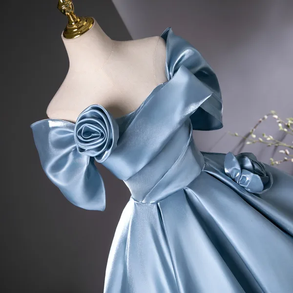 Elegant Sky Blue Prom Dresses 2025 Ball Gown Off-The-Shoulder Short Sleeve Backless Floor-Length / Long Prom Formal Dresses