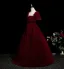 Chic / Beautiful Burgundy Beading Velvet Prom Dresses 2025 Ball Gown Square Neckline Short Sleeve Backless Floor-Length / Long Formal Dresses