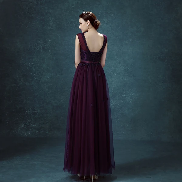 Chic / Beautiful Grape Bridesmaid Dresses 2018 A-Line / Princess Bow Flower Scoop Neck Backless Sleeveless Floor-Length / Long Wedding Party Dresses
