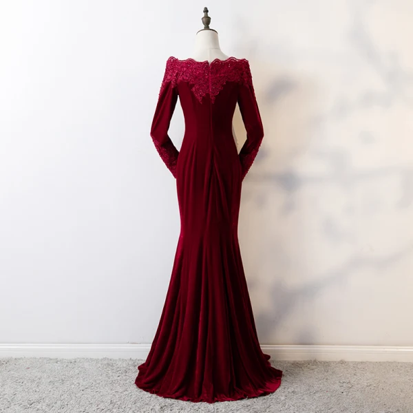 Elegante Bordeaux Avondjurken 2019 Trompet / Zeemeermin Kant Bloem Vierkante Halslijn Kralen Kristal Pailletten Suede Lange Mouwen Lange Gelegenheid Jurken
