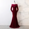 Elegant Burgundy Evening Dresses  2019 Trumpet / Mermaid Lace Flower Square Neckline Beading Crystal Sequins Suede Long Sleeve Floor-Length / Long Formal Dresses