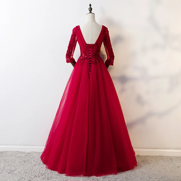 Chic / Beautiful Burgundy Prom Dresses 2019 A-Line / Princess Scoop Neck 3/4 Sleeve Beading Lace Sequins Crystal Backless Floor-Length / Long Formal Dresses