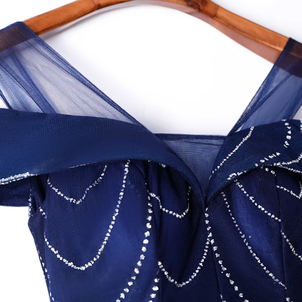 Charming Glitter Navy Blue Evening Dresses 2019 A-Line / Princess Scoop Neck Short Sleeve Backless Floor-Length / Long Formal Dresses