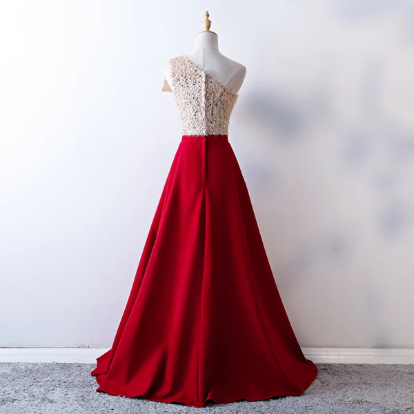 Elegante Burgunderrot Ballkleider 2019 A Linie One-Shoulder Rückenfreies Pailletten Quaste Ärmellos Sweep / Pinsel Zug Festliche Kleider