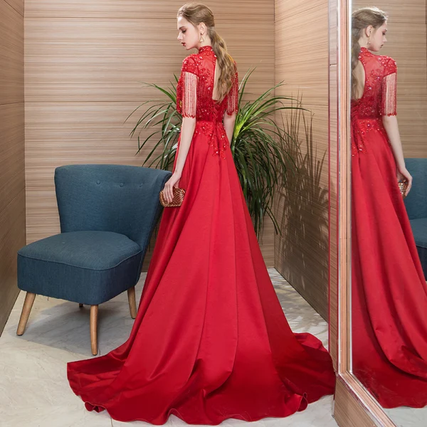 Classic Burgundy Evening Dresses 2019 A-Line / Princess High Neck Beading Crystal Tassel Short Sleeve Backless Lace Flower Court Train Formal Dresses