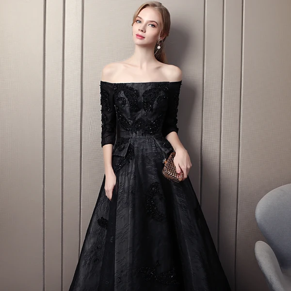 Elegante Schwarz Abendkleider 2019 A Linie Off Shoulder Perlenstickerei Spitze Blumen Kristall 3/4 Ärmel Rückenfreies Lange Festliche Kleider