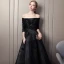 Elegante Schwarz Abendkleider 2019 A Linie Off Shoulder Perlenstickerei Spitze Blumen Kristall 3/4 Ärmel Rückenfreies Lange Festliche Kleider